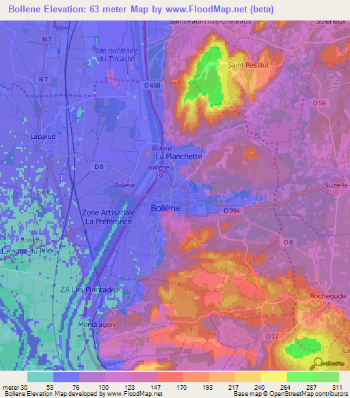 Bollene,France Elevation Map