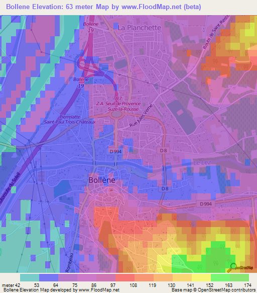 Bollene,France Elevation Map