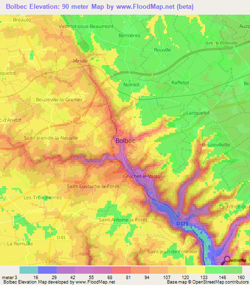 Bolbec,France Elevation Map