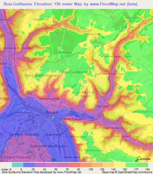 Bois-Guillaume,France Elevation Map