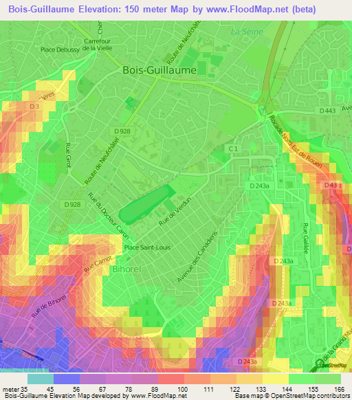 Bois-Guillaume,France Elevation Map