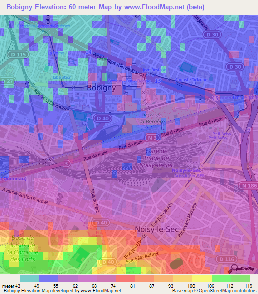 Bobigny,France Elevation Map