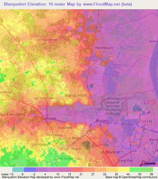 Blanquefort,France Elevation Map