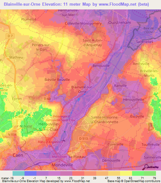 Blainville-sur-Orne,France Elevation Map