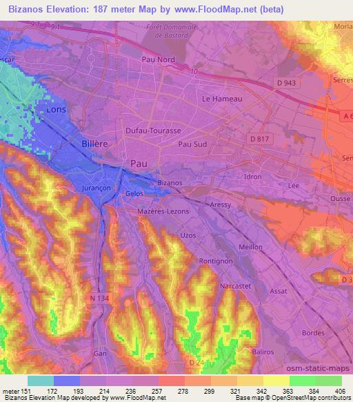 Bizanos,France Elevation Map