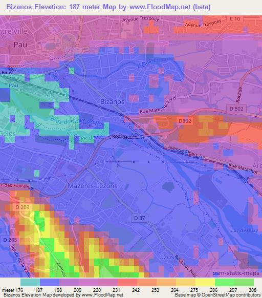 Bizanos,France Elevation Map