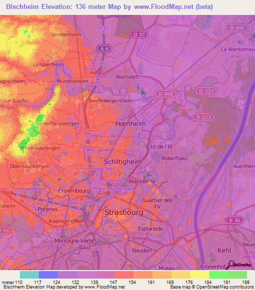 Bischheim,France Elevation Map