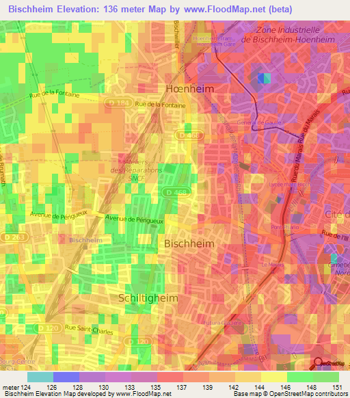 Bischheim,France Elevation Map