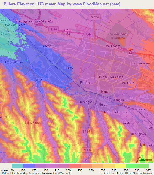 Billere,France Elevation Map