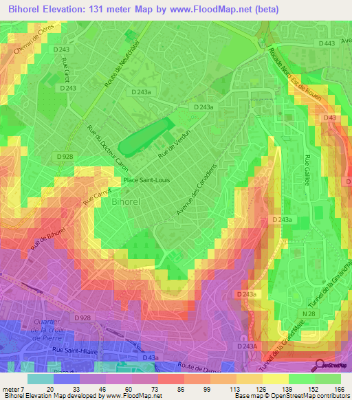 Bihorel,France Elevation Map