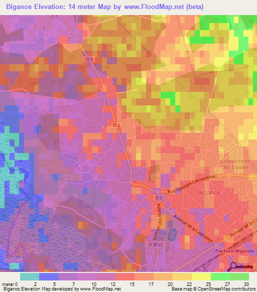 Biganos,France Elevation Map