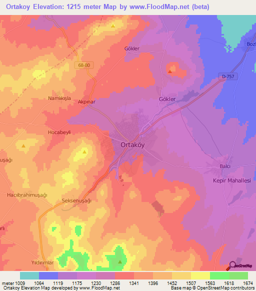 Ortakoy,Turkey Elevation Map