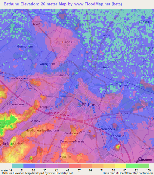 Bethune,France Elevation Map