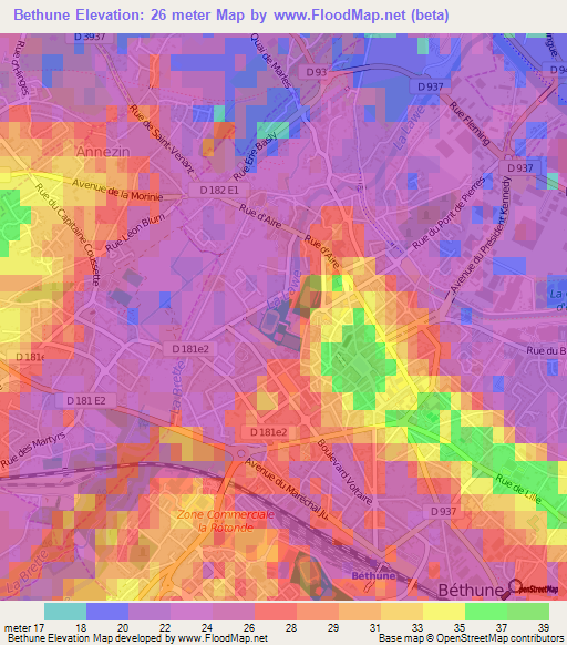 Bethune,France Elevation Map