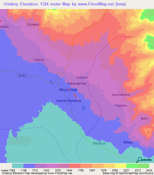 Ortakoy,Turkey Elevation Map