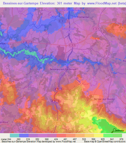 Bessines-sur-Gartempe,France Elevation Map