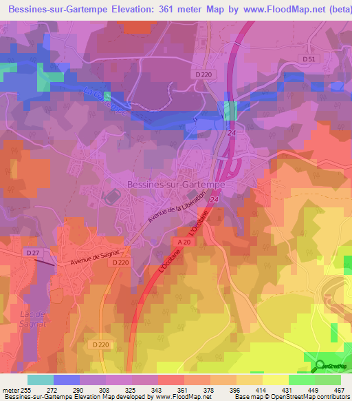 Bessines-sur-Gartempe,France Elevation Map