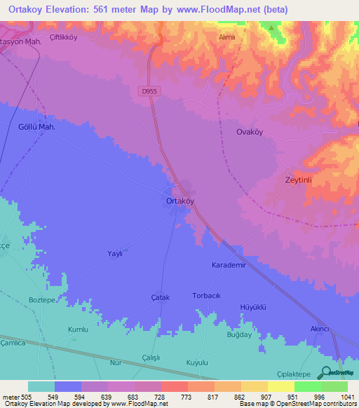 Ortakoy,Turkey Elevation Map