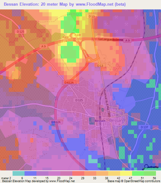 Bessan,France Elevation Map