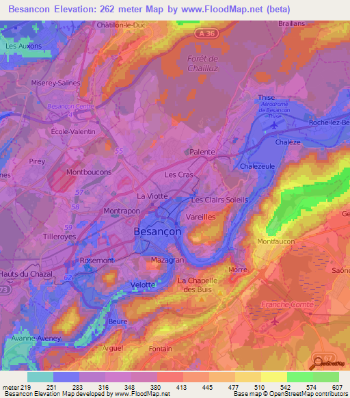 Besancon,France Elevation Map