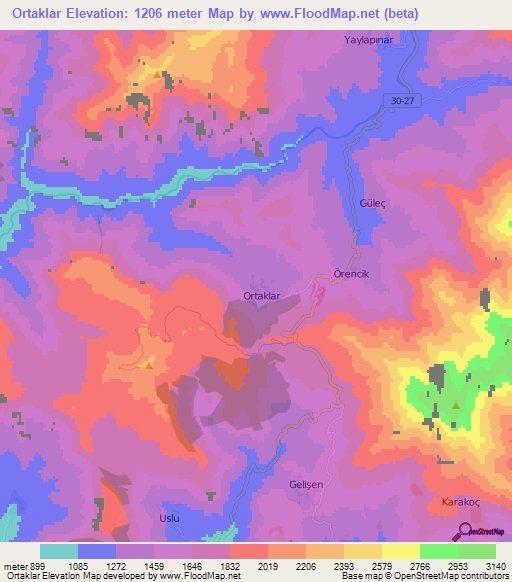 Ortaklar,Turkey Elevation Map