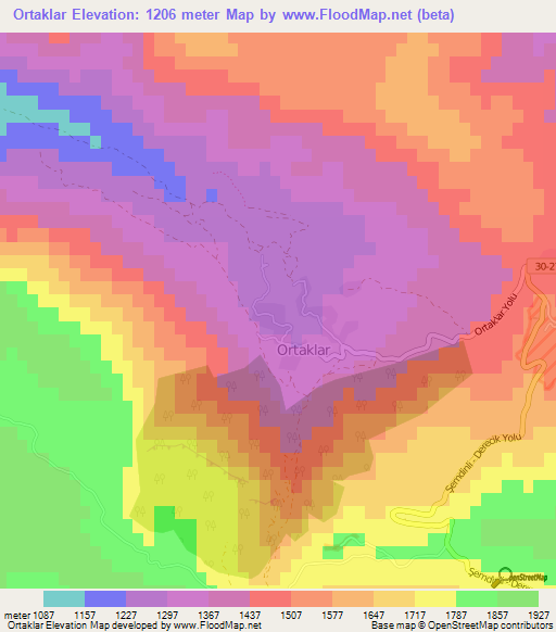 Ortaklar,Turkey Elevation Map