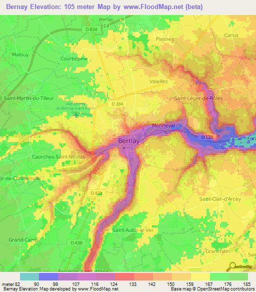 Bernay,France Elevation Map