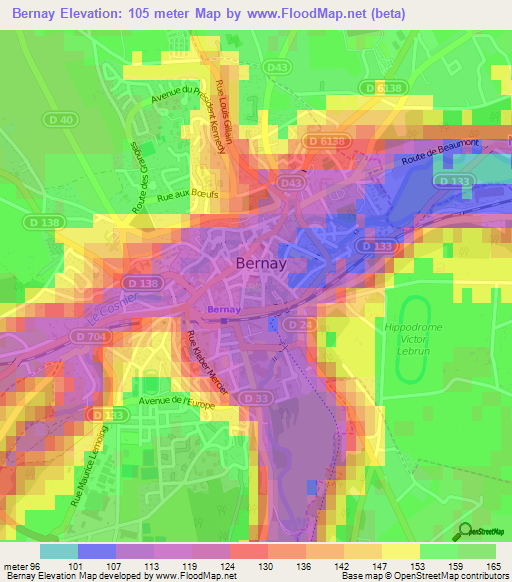 Bernay,France Elevation Map