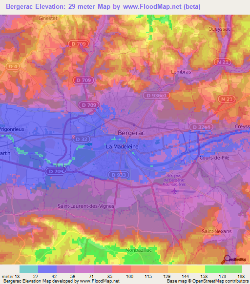 Bergerac,France Elevation Map