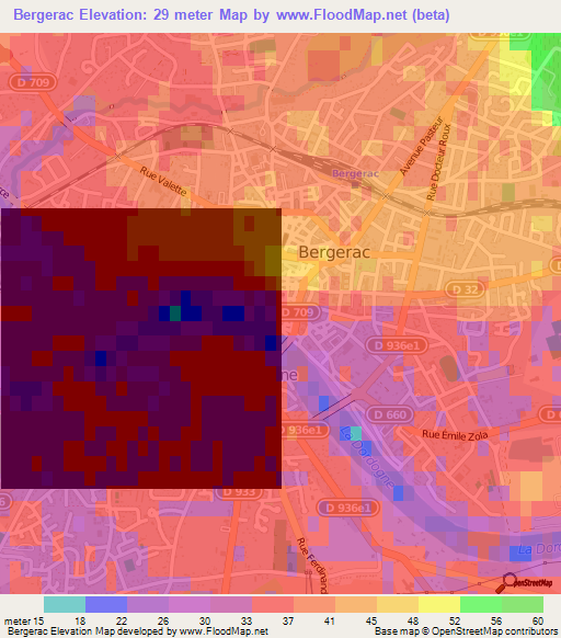 Bergerac,France Elevation Map