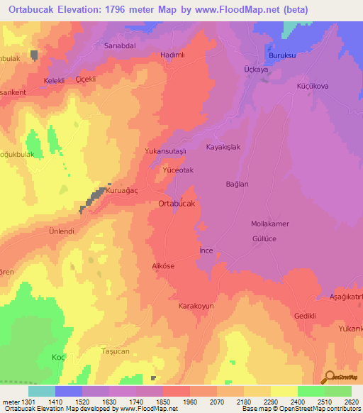 Ortabucak,Turkey Elevation Map