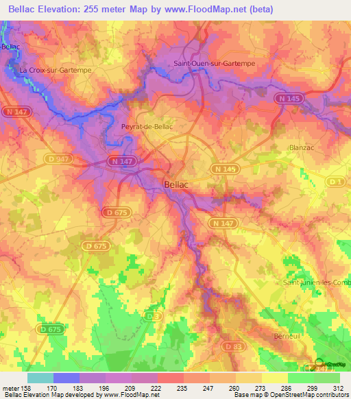 Bellac,France Elevation Map