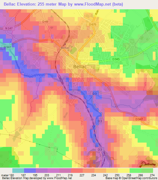 Bellac,France Elevation Map