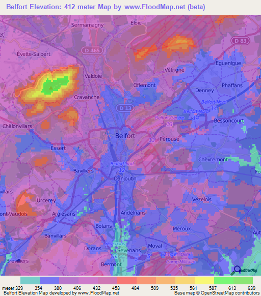 Belfort,France Elevation Map