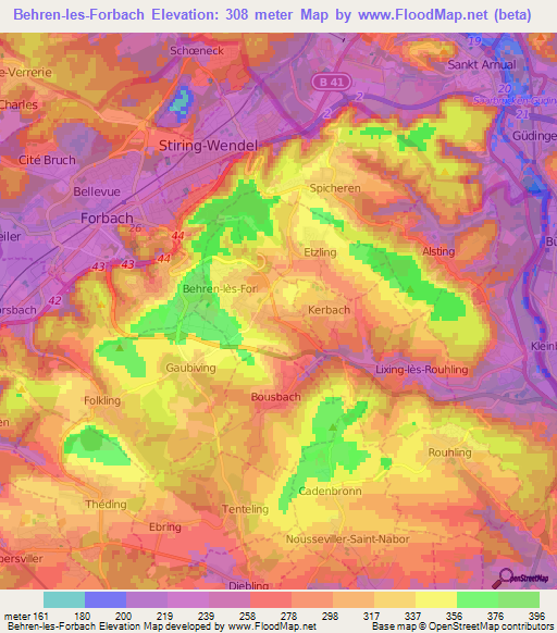 Behren-les-Forbach,France Elevation Map