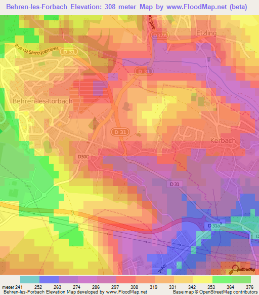 Behren-les-Forbach,France Elevation Map