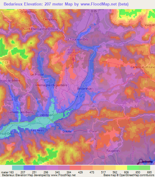 Bedarieux,France Elevation Map