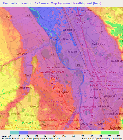 Beauzelle,France Elevation Map