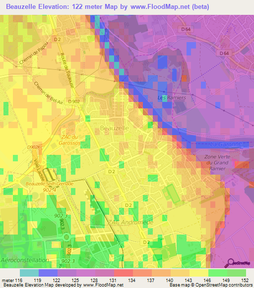 Beauzelle,France Elevation Map