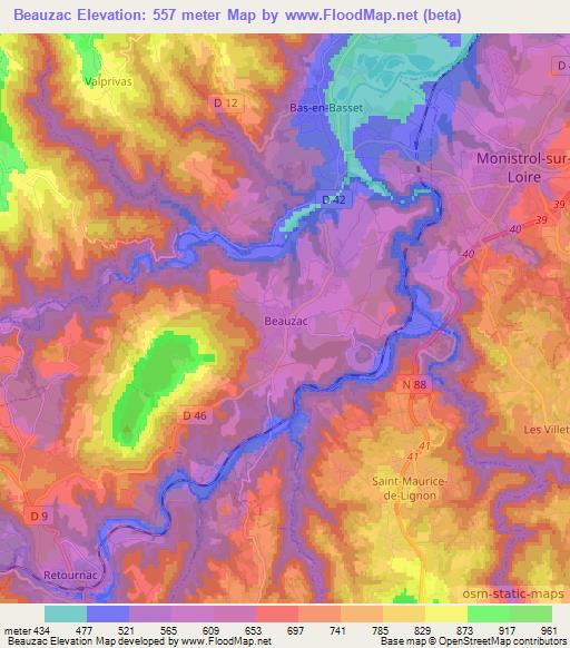 Beauzac,France Elevation Map