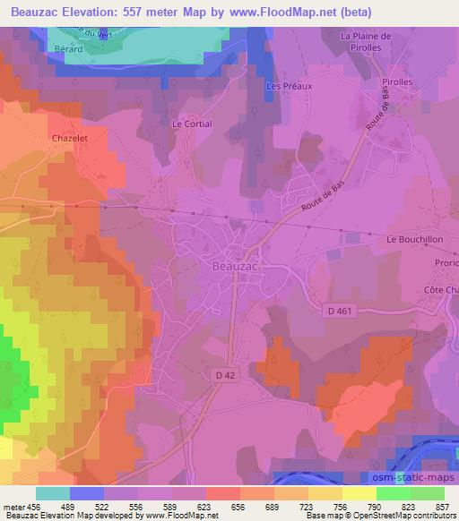 Beauzac,France Elevation Map