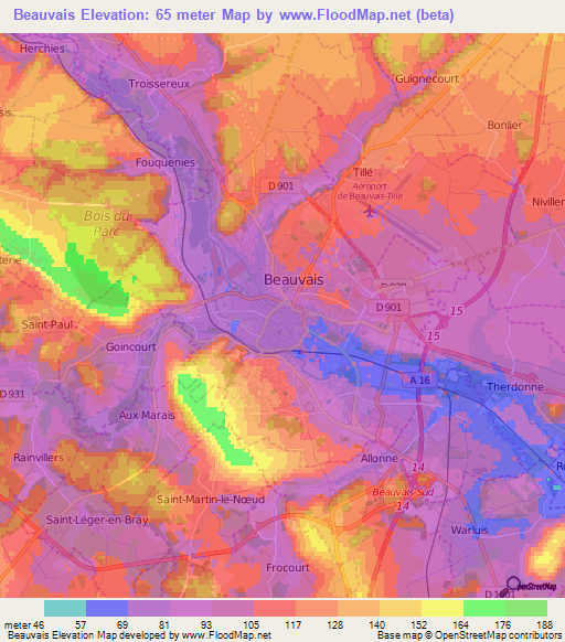 Beauvais,France Elevation Map