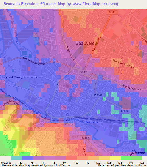 Beauvais,France Elevation Map