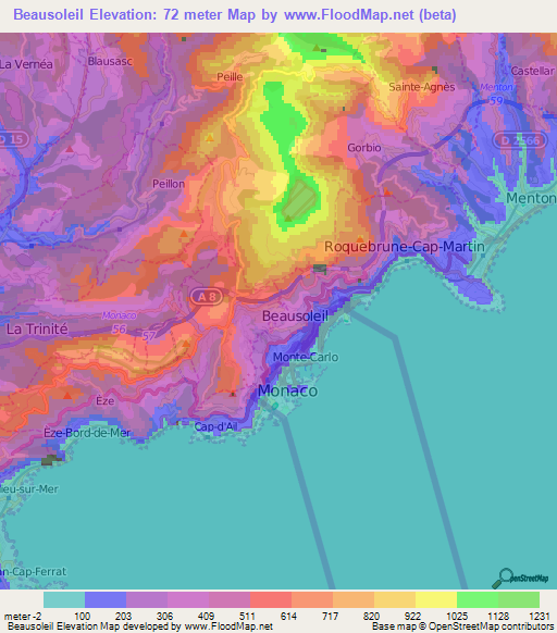 Beausoleil,France Elevation Map