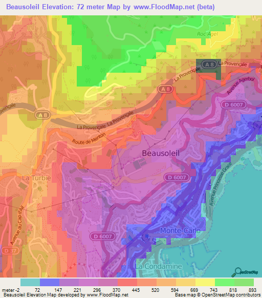 Beausoleil,France Elevation Map