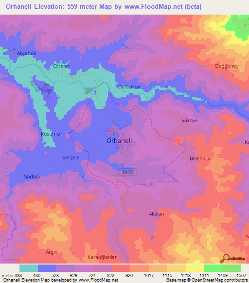 Orhaneli,Turkey Elevation Map