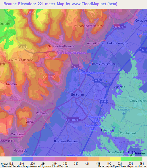 Beaune,France Elevation Map