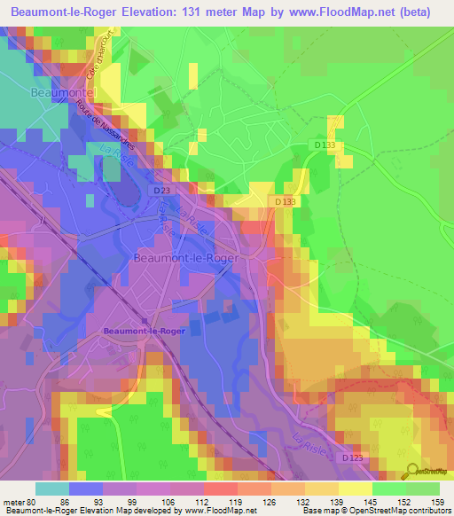 Beaumont-le-Roger,France Elevation Map