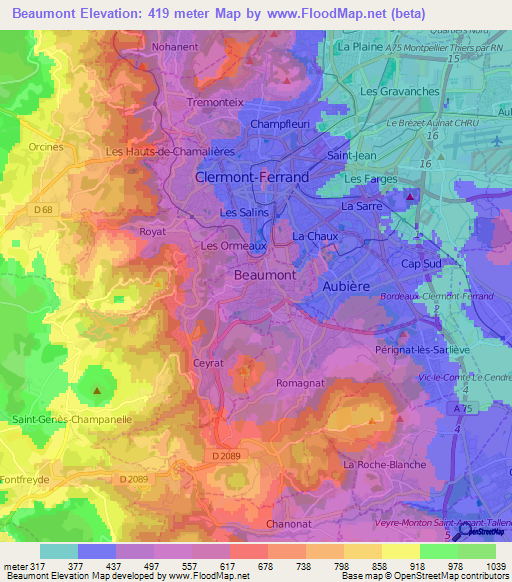 Beaumont,France Elevation Map