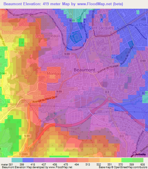 Beaumont,France Elevation Map